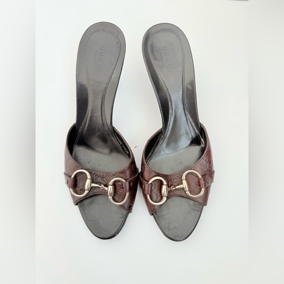 Gucci Vintage Brown Leather Guccissima Horsebit Mules Sandals Heels 8 - Picture 2 of 8